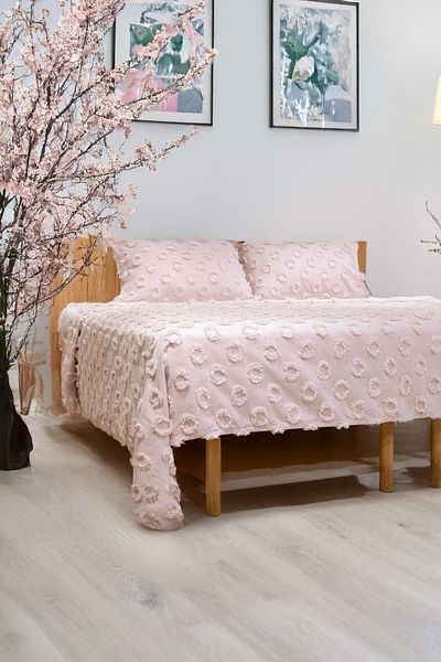 Tinybabyconcept 100% Cotton Pique Set 200X230 cm 2-Piece Pillowcase with Pompom, Summer, Double, Light Pink