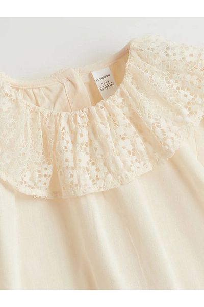LC Waikiki Dívčí bavlněné šaty s krajkovým límcem LCW Kids Ecru