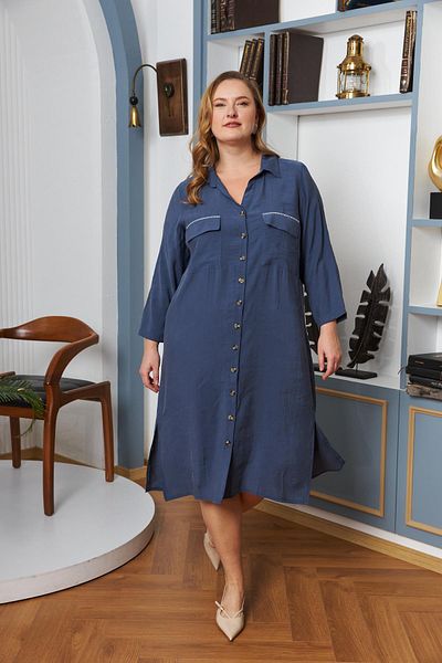 RMG Plus Size Pocket Stone Dress Indigo - Buttoned Design with Explained Detail