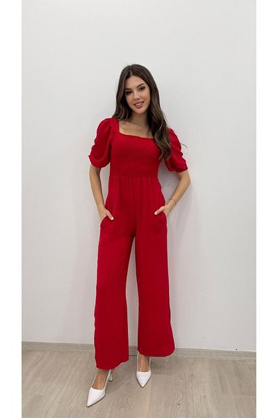 Nazline Women's Square Neck Front Back Gimped Balloon Sleeve Airobin Short Sleeve Long Jumpsuit
