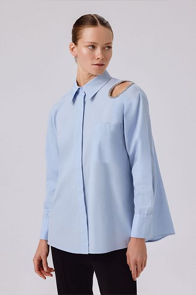 Triko Mısırlı Cămașă de damă oversize cu broderie de piatră albastru deschis