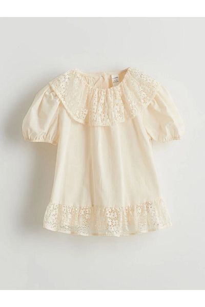 LC Waikiki Dívčí bavlněné šaty s krajkovým límcem LCW Kids Ecru
