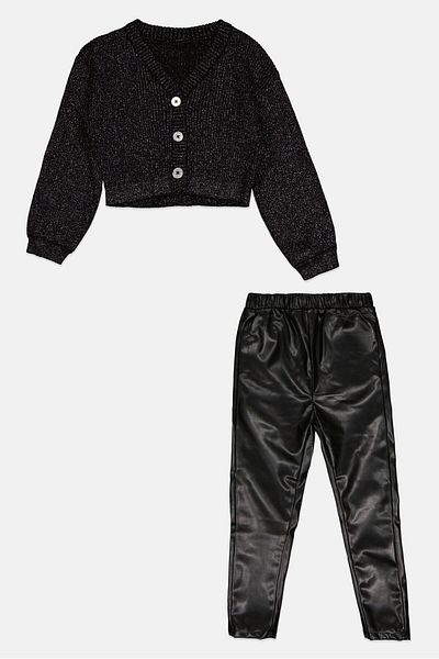 Miss Kids Girl 2 Pcs Metallic Cardigans And Leather Pants, Black