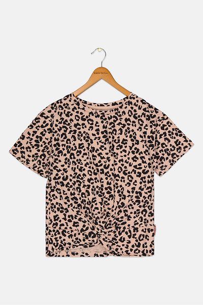 Hudson Kids Girl Crew Neck Short Sleeve Animal Print Top, Beige