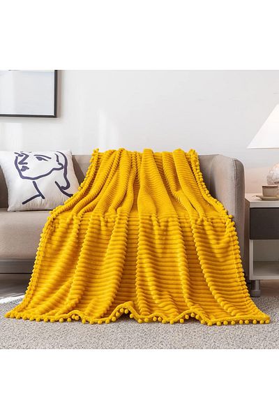 COOYA Fleece Blanket Twin Size – 51x63, Yellow with Pompom Fringe - Flannel Blanket Throw Blanket