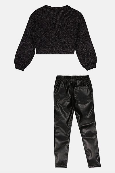 Miss Kids Girl 2 Pcs Metallic Cardigans And Leather Pants, Black