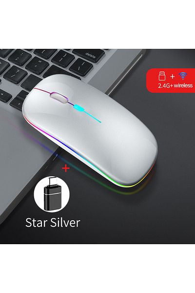 congdi Sliver WIth OTG Wireless Mouse Dual Mode Bluetooth-Compatible Mouse LED Rechargeable Laptop Mouse Po