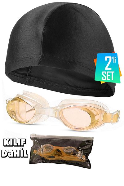 Telvesse Set of 2 Bonnet Adult Swimming Goggles with Case Waterproof Swim Pool Sea Glasses Orange 1015