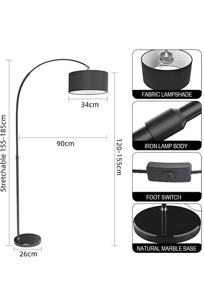 COOYA Floor Lamp, Standing Lamp with Adjustable Hanging, 158-185cm, Arc Floor Lamp, LED Floor Lamp (Black)