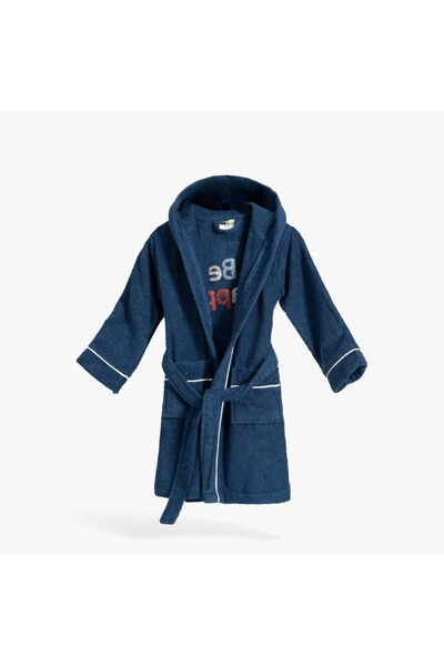 Green Black Be Happy Boy's Bathrobe Navy Blue