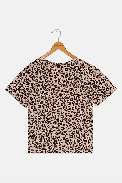 Hudson Kids Girl Crew Neck Short Sleeve Animal Print Top, Beige