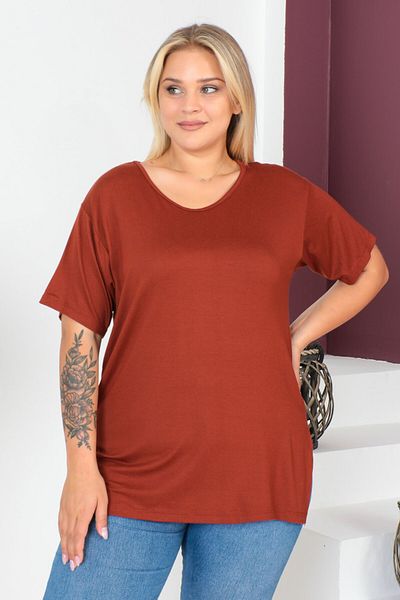 tarzımsüper Plus Size New Season Comfort Model Crew Neck Short Sleeve Combed Cotton Slit Tunic T-Shirt