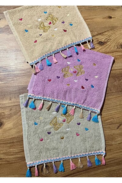 3 Adet Pamuklu Kelebek Kalp Nakışlı Hediyelik, Çeyizlik 30x50 cm Mutfak Havlusu