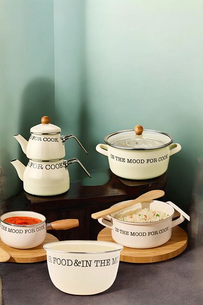 Sevinse Home Mood Series Enameled Dowry Set (Teapot, Frying Pot, Pot, Mixing Bowl, Sauce Pot)