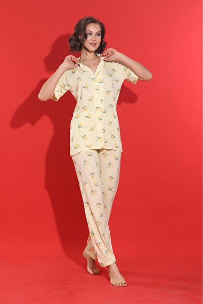 Elit Women's Buttoned Ribbed Knitted Short Sleeve Yellow Branch Lemon Pajama Set