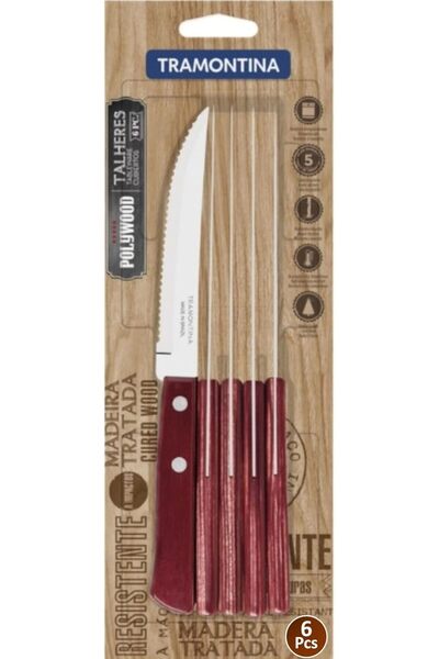 TRAMONTINA منذ عام 1911، صنع في البرازيل - مجموعة سكاكين شرائح اللحم من بولي وود مكونة من 6 قطع مع شفرة من الفولاذ المقاوم للصدأ