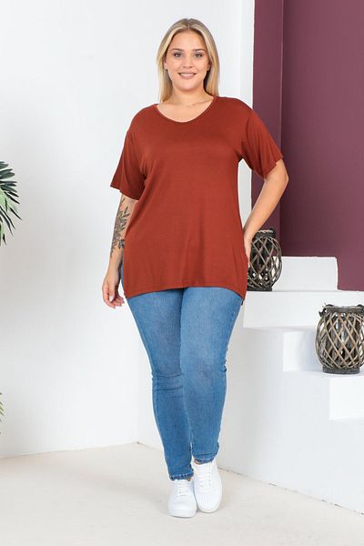 tarzımsüper Plus Size New Season Comfort Model Crew Neck Short Sleeve Combed Cotton Slit Tunic T-Shirt