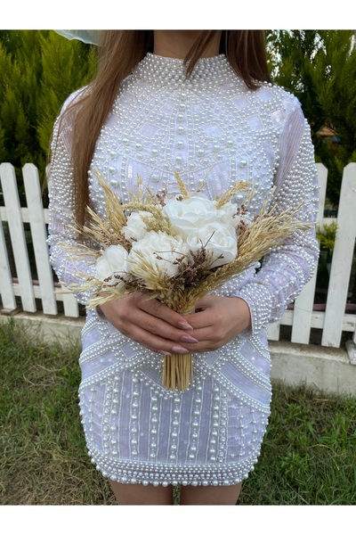 WhiteBlueDress Kadın Beyaz İnci Detaylı Kısa Söz Nikah Abiye