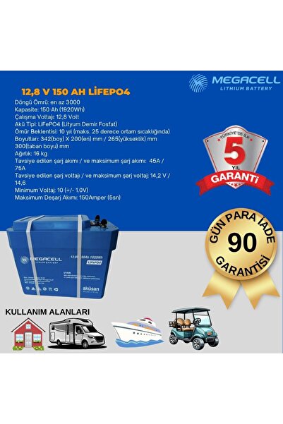 Megacell 12,8 V 150 Ah Lityum Demir Fosfat Akü Yeni Kasa Bluetoothlu
