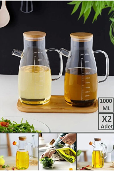 SEVEN7 3parça 2Bambu yağlık 1000ml tombul model cam 1 adet bambu altlık