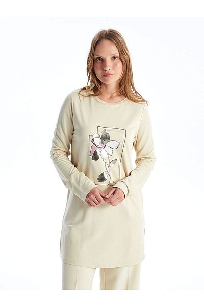 LC Waikiki Γυναικείο φούτερ Lcwaikiki Basic Beige Crew Neck με στάμπα