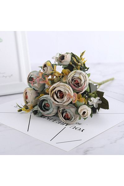 Choice Grey Green 10 Heads Vintage Tea Roses Artificial Flowers 6 Head 4 Small Bud Bouquet Wedding Home Diy
