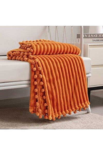 COOYA Fleece Blanket Twin Size – 51x63, Orange with Pompom Fringe - Flannel Blanket Throw Blanket