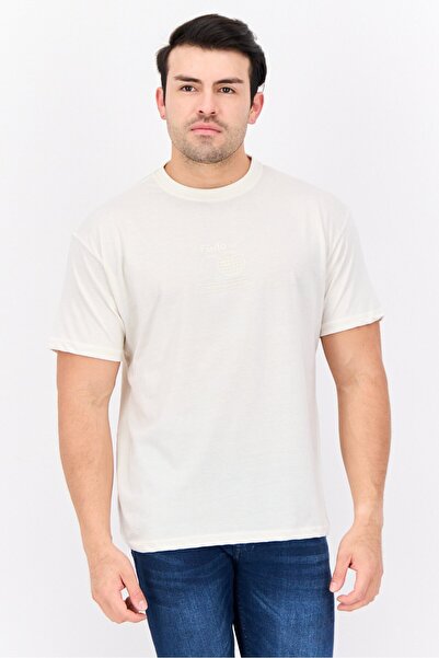 Fudo Men Crew Neck Short Sleeves Brand Logo T-Shirt, Cream