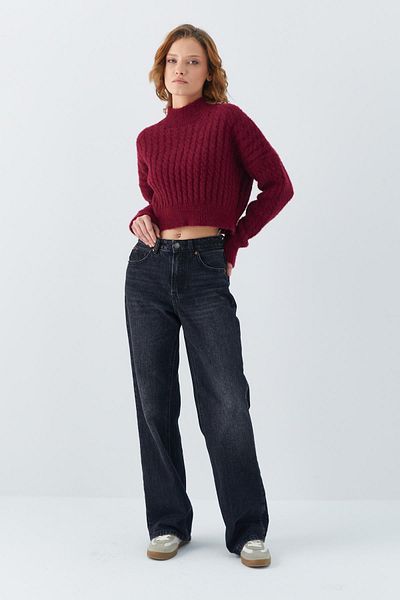 Mixray 6893 Pulover de damă cu împletitură de păr și barbă Crop Tricot burgundă