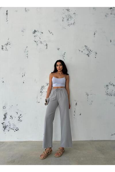 Ozy Fashion High Waist, Elastic Waist, Pocket Flared Linen Wide Leg Summer Gray Trousers