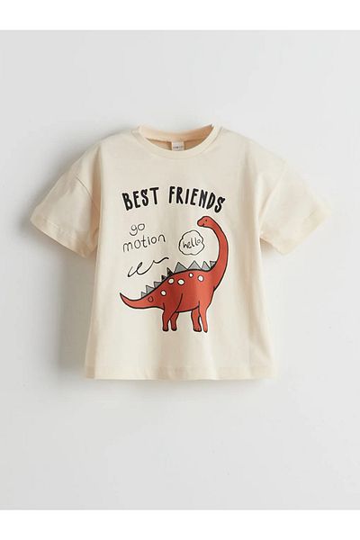 LC Waikiki Lcw Kids Beige Dinosaur Printed Boys T-Shirt and Shorts Pack of 2