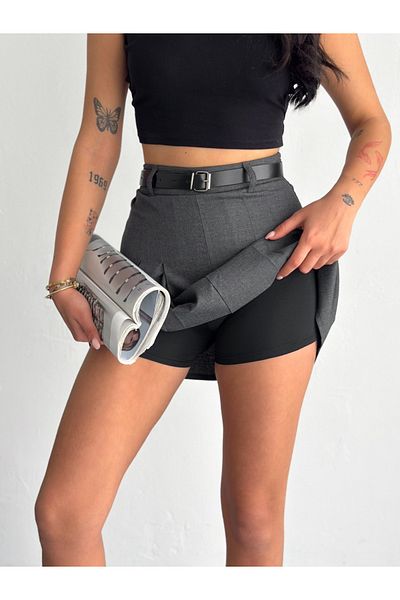 Ozy Fashion Smoked Color Summer Belted Pleated Skirt with Shorts