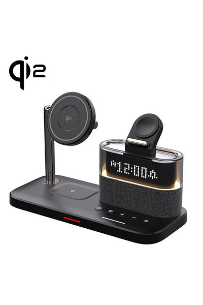Choice حامل شاحن لاسلكي مغناطيسي 5 في 1 Qi2 Black Qi2 مع ضوء ليلي LED وساعة منبه لهاتف Samsung iPhone