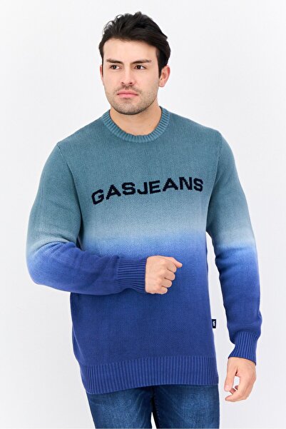 GAS Men Crew Neck Two Tone Knitted Sweater, Blue/Sage Green