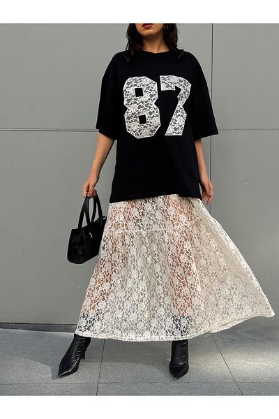 minaaise Women's Ecru Unlined Lace Skirt and Embroidered Oversize T-Shirt