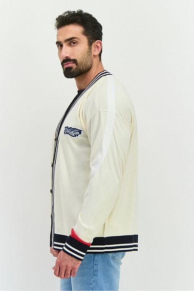 Perry Ellis Men V Neck Embroidered Cardigan, Cream Combo