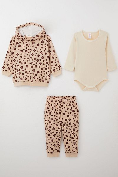 Breeze Beige Baby Girl Bodysuit 3-Piece Set - Floral Print Hooded, 4 Months-1 Years