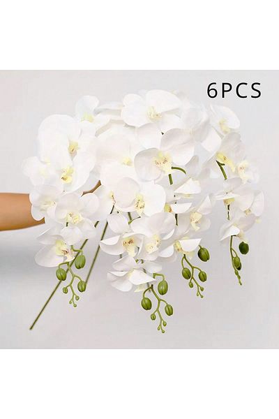 Choice White 6pcs Lifelike Artificial Orchids - 9 Blooms Each, Silk Butterfly Orchid Stems For Elegant Home