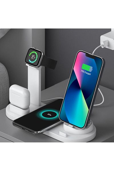Choice قاعدة شحن 5 في 1 بيضاء بقوة 40 وات لساعة Apple Watch وAirPods وiPhone 15 و14 و13 و12 و11 XS XR وX S