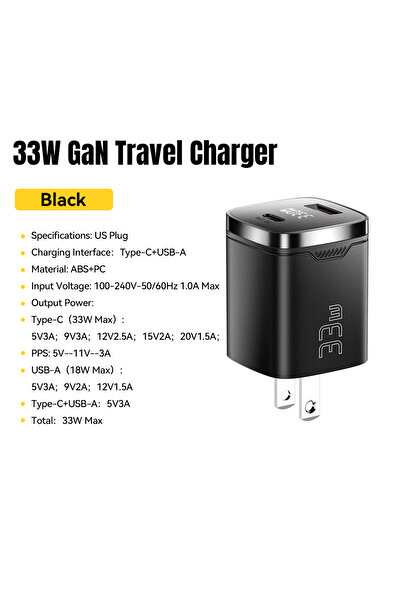 Choice شاحن Essager 33W GaN USB Type C أسود اللون بمقبس أمريكي وشاشة رقمية وش...