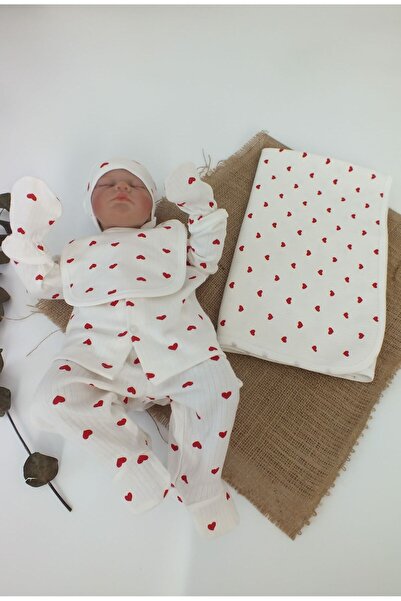 Bebe wini %100 Pamuk 5 Li Kırmızı Kalpli Hastane Çıkışı ve Battaniye
