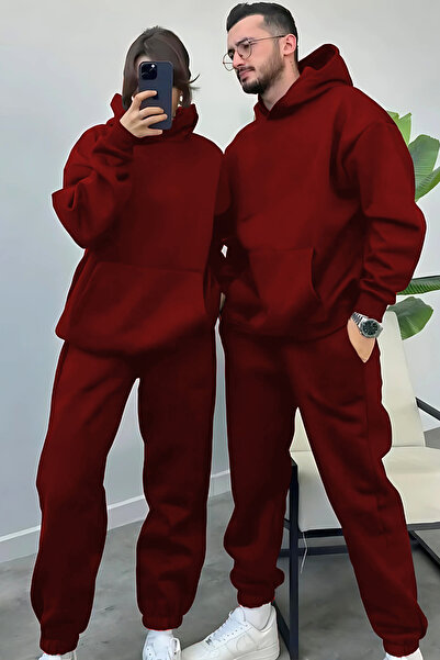 YAKAMEL Kadın Erkek Trend Model Çiftlere Özel 3 Iplik Oversize Kışlık Kalın Eşofman Takımı (TEKLİ)