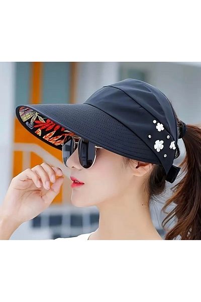 CosmoOutlet Foldable Uv Protection Black Color Visor Sun Hat with Flower and Pearl Bead Decoration