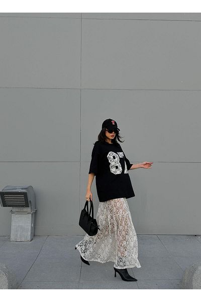 minaaise Women's Ecru Unlined Lace Skirt and Embroidered Oversize T-Shirt