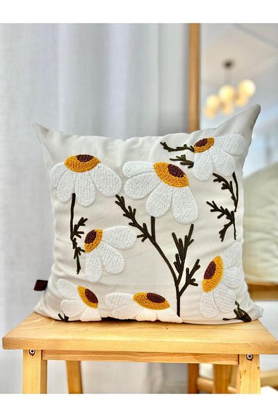 harev home collection Διακοσμητικό κάλυμμα μαξιλαριού ριχτάρι 43x43 εκ. Κεντημένο με μοτίβο μαργαρίτα