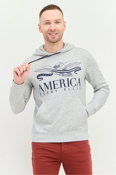 Perry Ellis Men Hooded Brand Logo Long Sleeves Sweatshirt, Grey