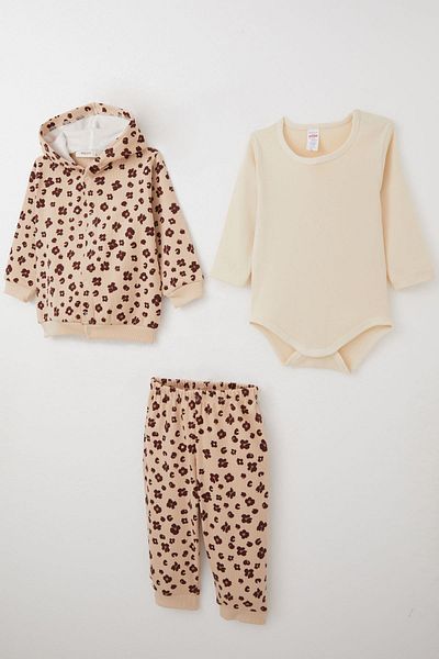 Breeze Beige Baby Girl Bodysuit 3-Piece Set - Floral Print Hooded, 4 Months-1 Years
