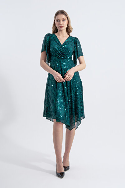 HOX'S Rochie de seară midi evazată Angel verde smarald - cu paiete, decolteu dublu și tiv asimetric