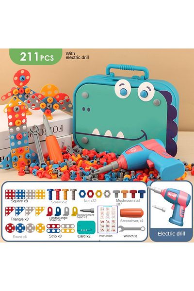 MYGVN Dinosaur Tool Box 211PCS Child Pretend Repair Toolbox DIY Assembling Power Screwdriver Toy Kit Creat