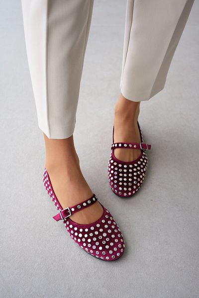 selinshoes Studded on Velvet Fabric Strong Women's Ballerinas with Ankle-Tied
